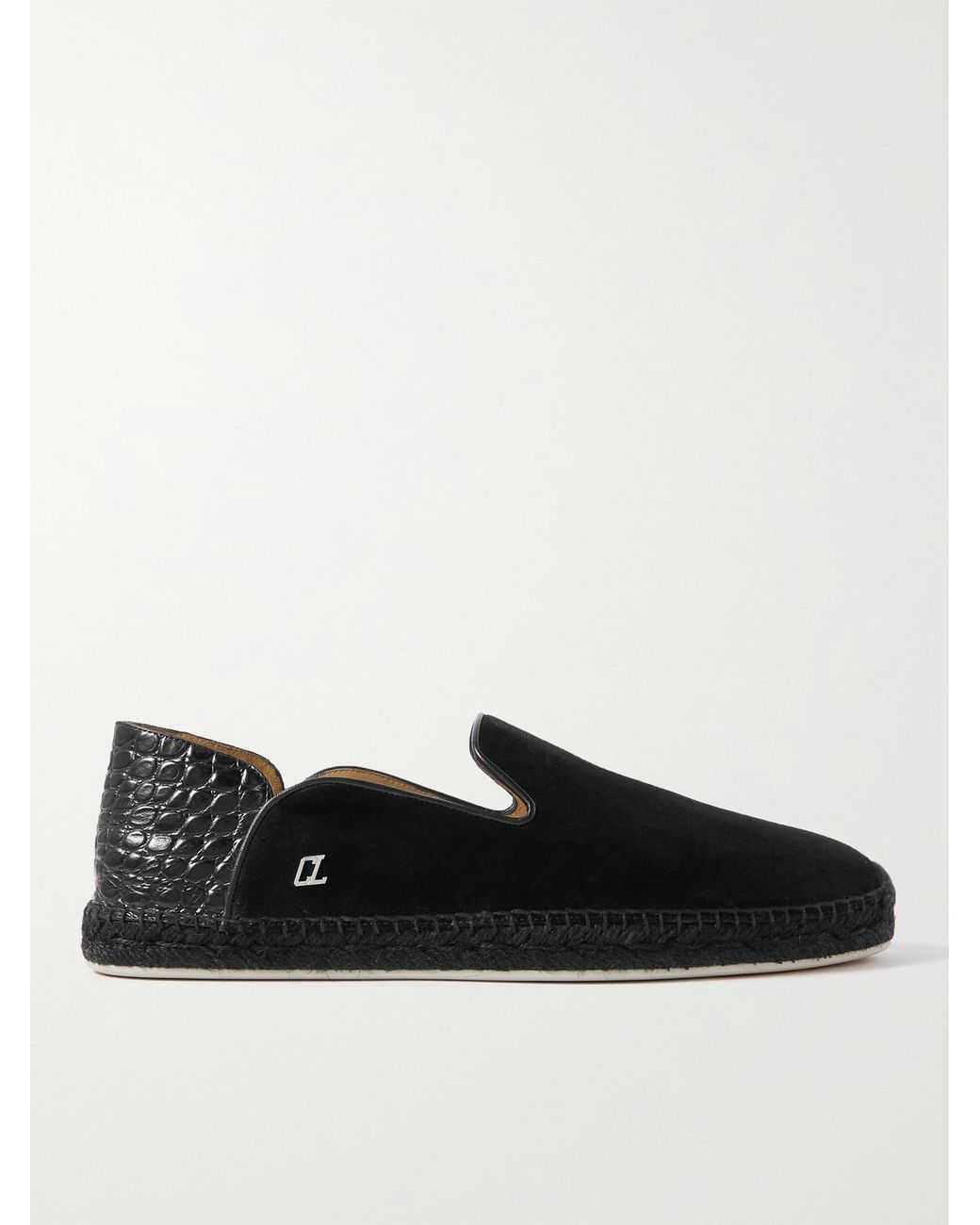 Christian Louboutin Black Collapsible-heel Croc-effect Leather-trimmed Suede Espadrilles for men