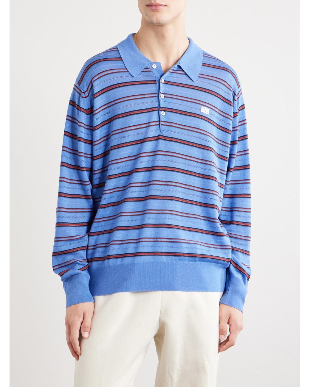 Wales Bonner Blue Beam Striped Wool And Cotton Polo Shirt for men