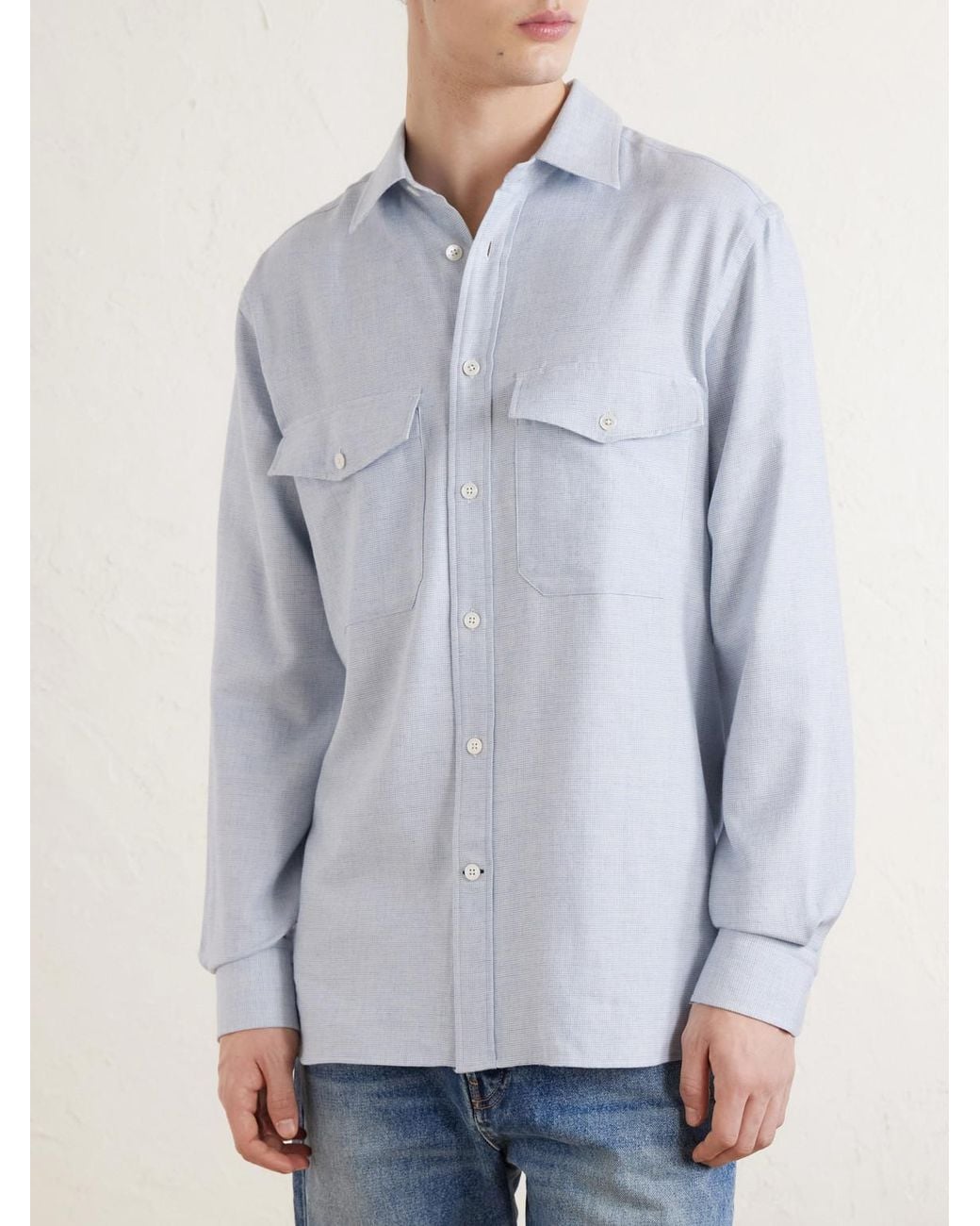 Micro-Checked Cotton And Cashmere-Blend Shirt di Dunhill in White da Uomo