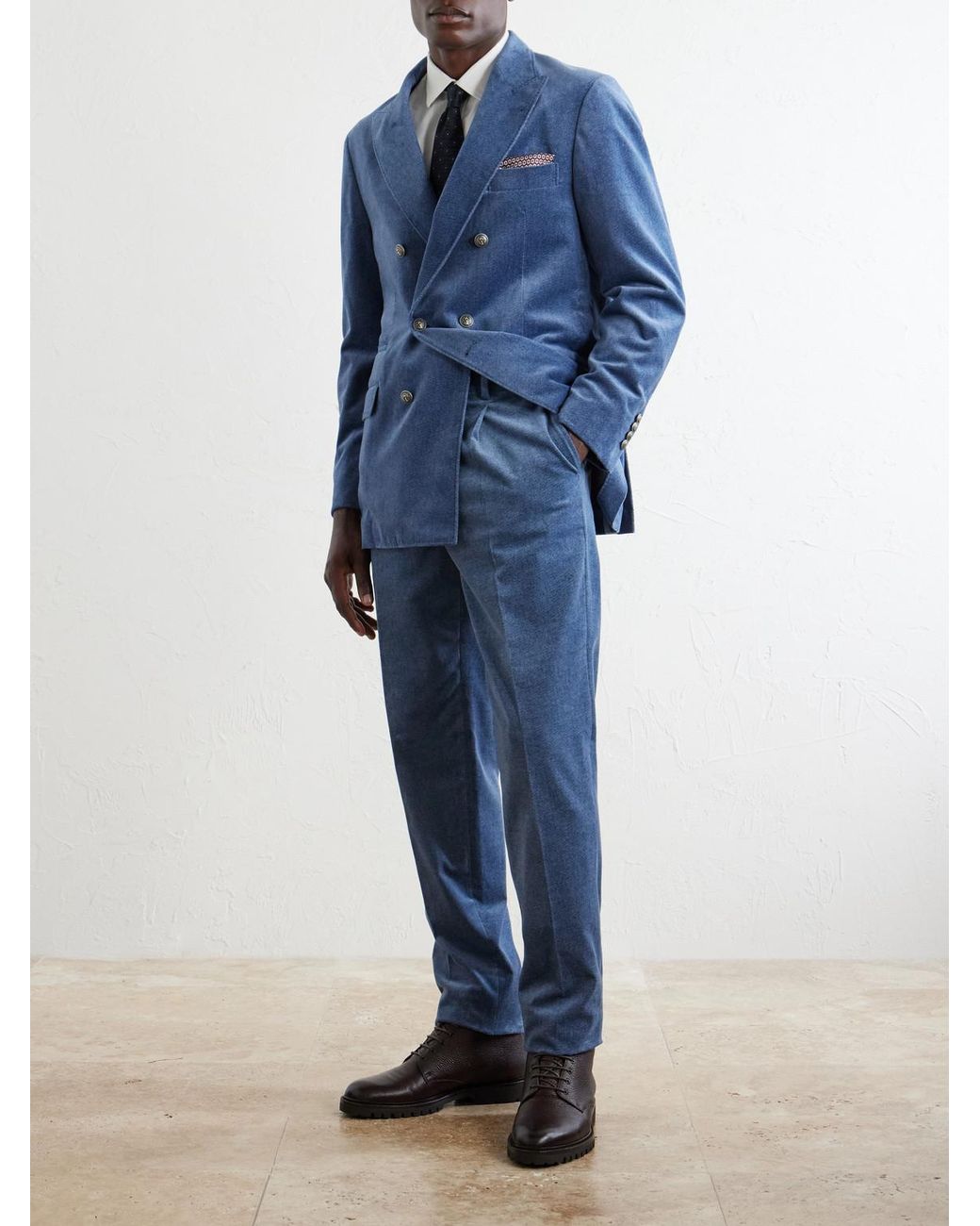 Brunello Cucinelli Blue Double-Breasted Cotton-Velvet Suit Jacket for men