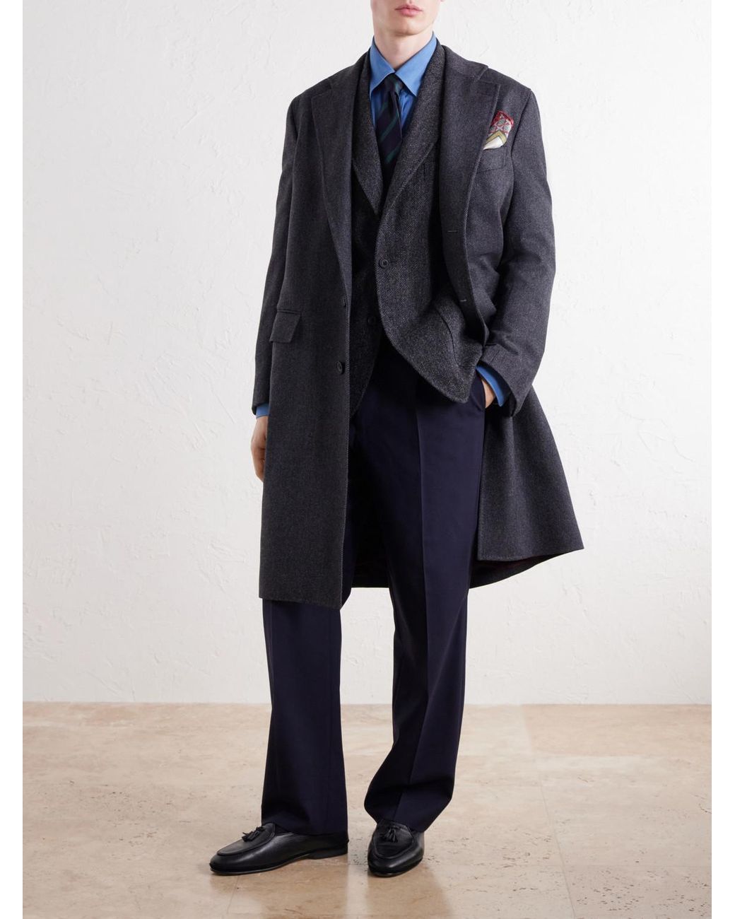 Rubinacci Blue Herringbone Virgin Wool Coat for men