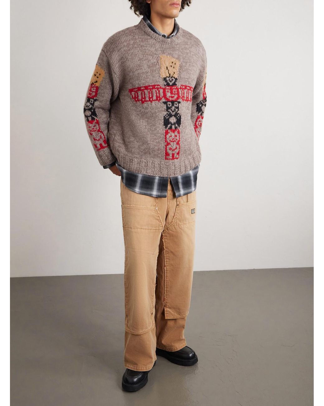 Kapital Gray Peckish Totem Pole Intarsia Wool Sweater for men