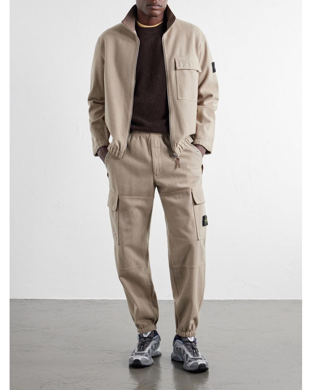Stone Island Natural Garment-Dyed Wool-Blend Nylon Flannel-Tc Cargo Sweatpants for men