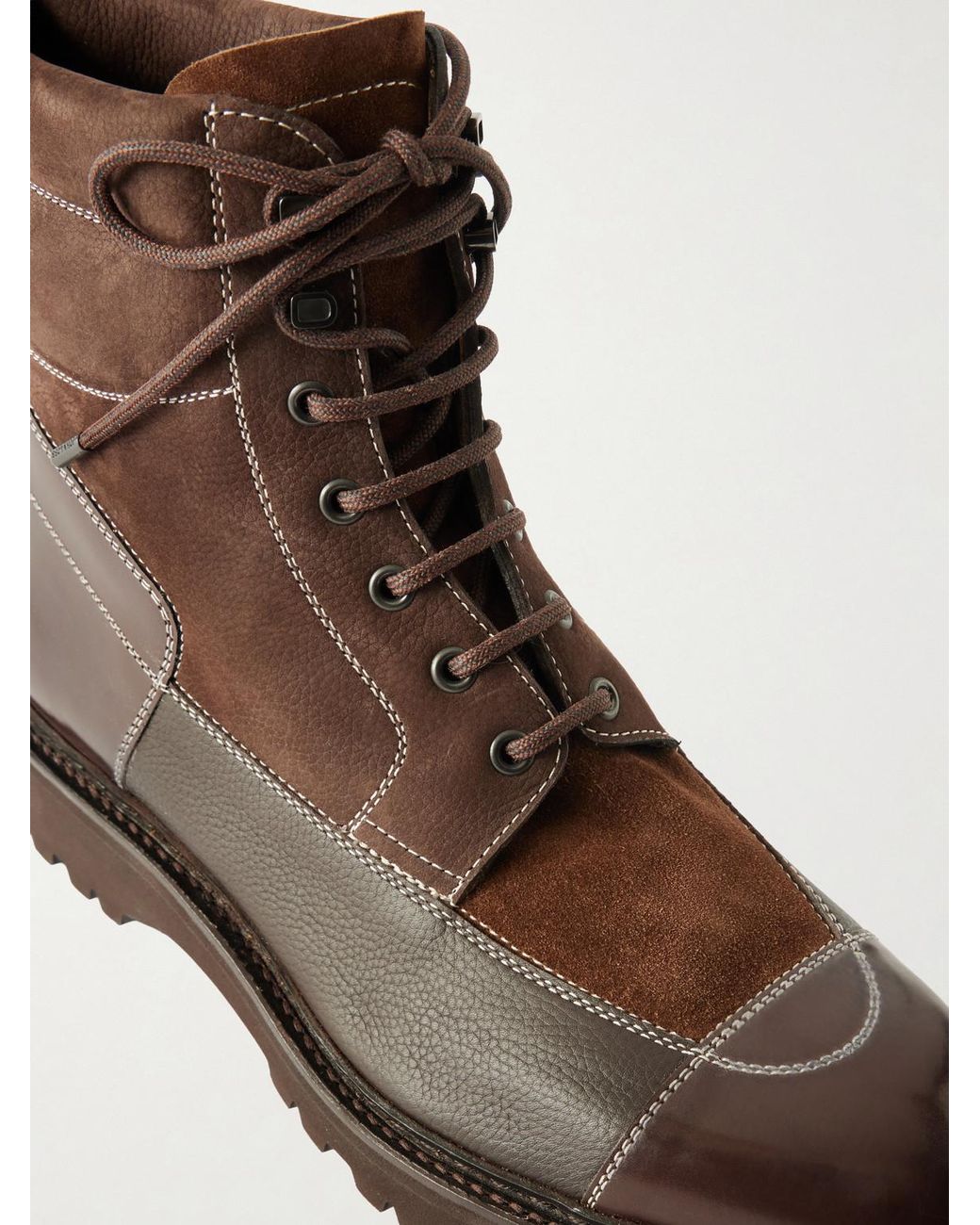 John Lobb Brown Peak Patchwork Leather, Suede And Nubuck Lace-Up Boots for men