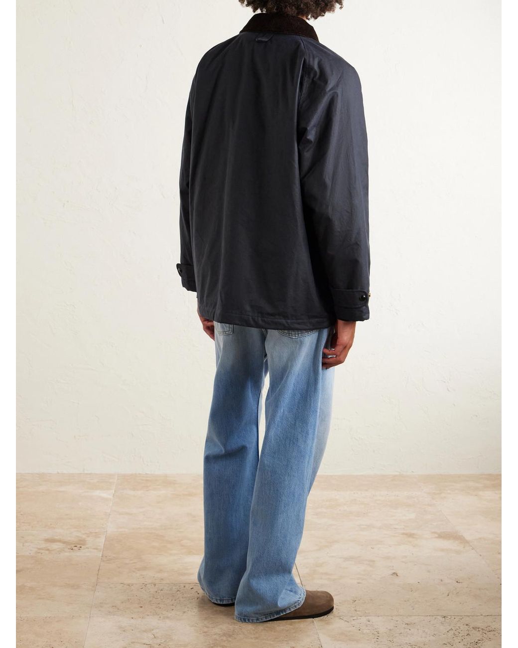 Drake's Blue Padded Corduroy-trimmed Waxed-cotton Jacket for men