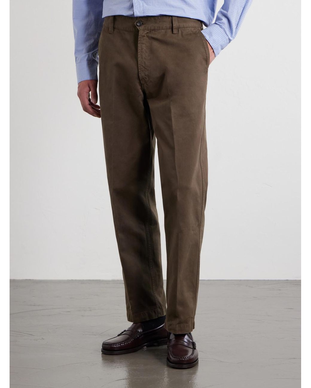 Drake's Brown Straight-Leg Peached Cotton-Twill Trousers for men