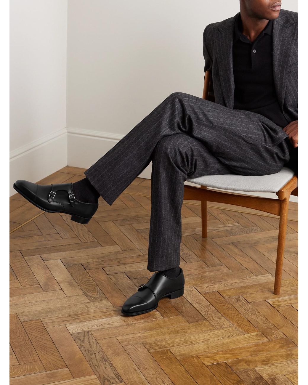 George Cleverley Black Thomas Cap-Toe Leather Monk-Strap Shoes for men