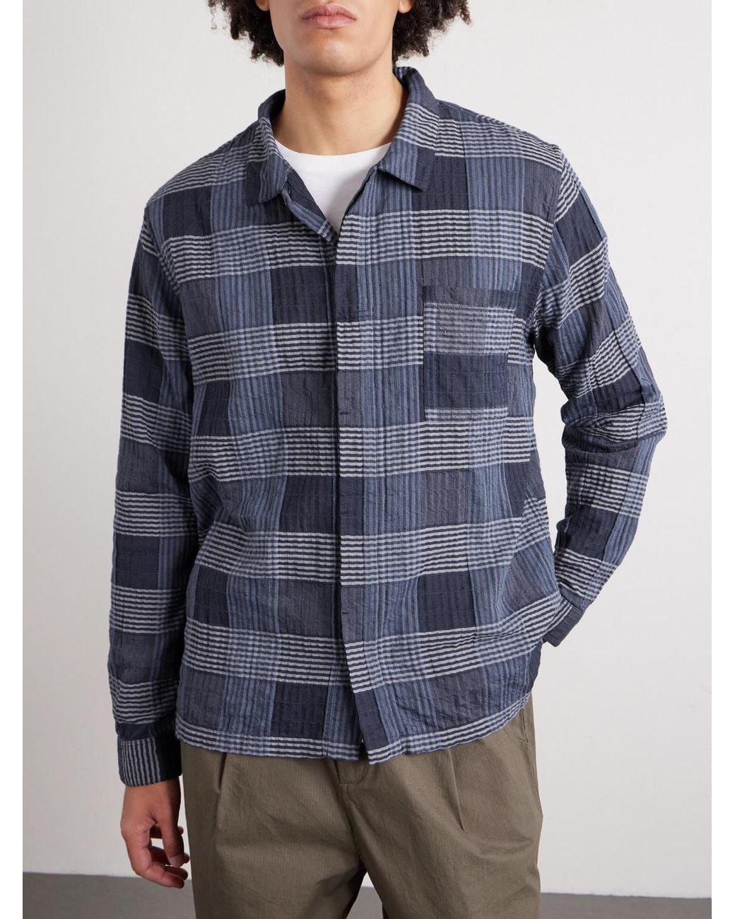 Folk Blue Patch Checked Cotton-Blend Shirt for men