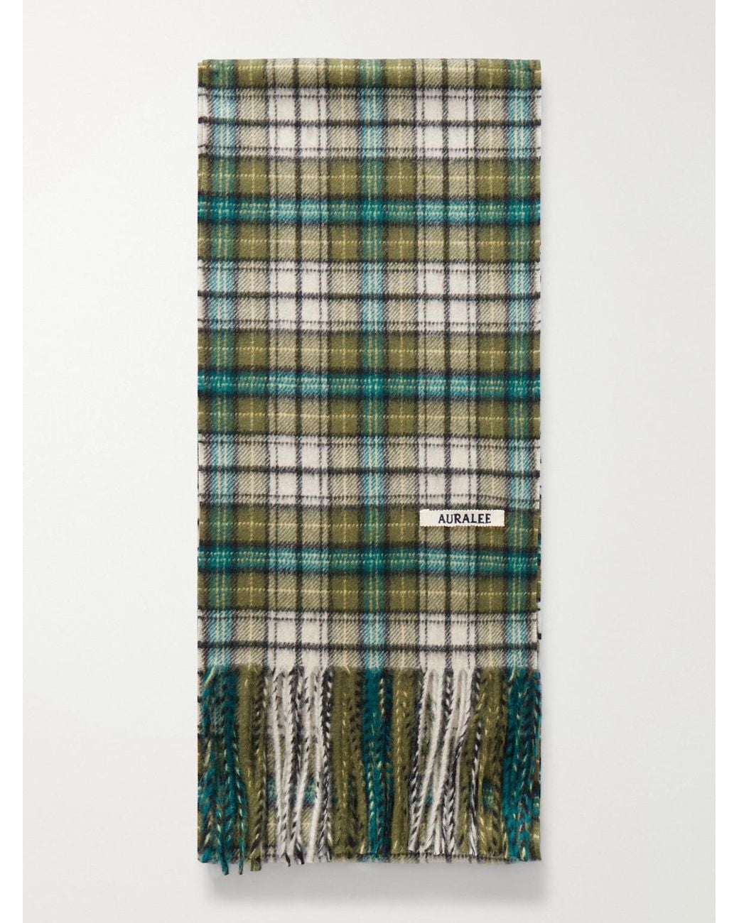 Auralee Green Fringed Checked Cashmere Scarf for men