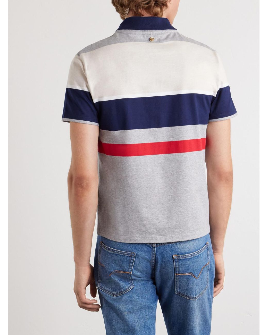Versace Blue Logo-Embroidered Striped Cotton-Jersey Polo Shirt for men