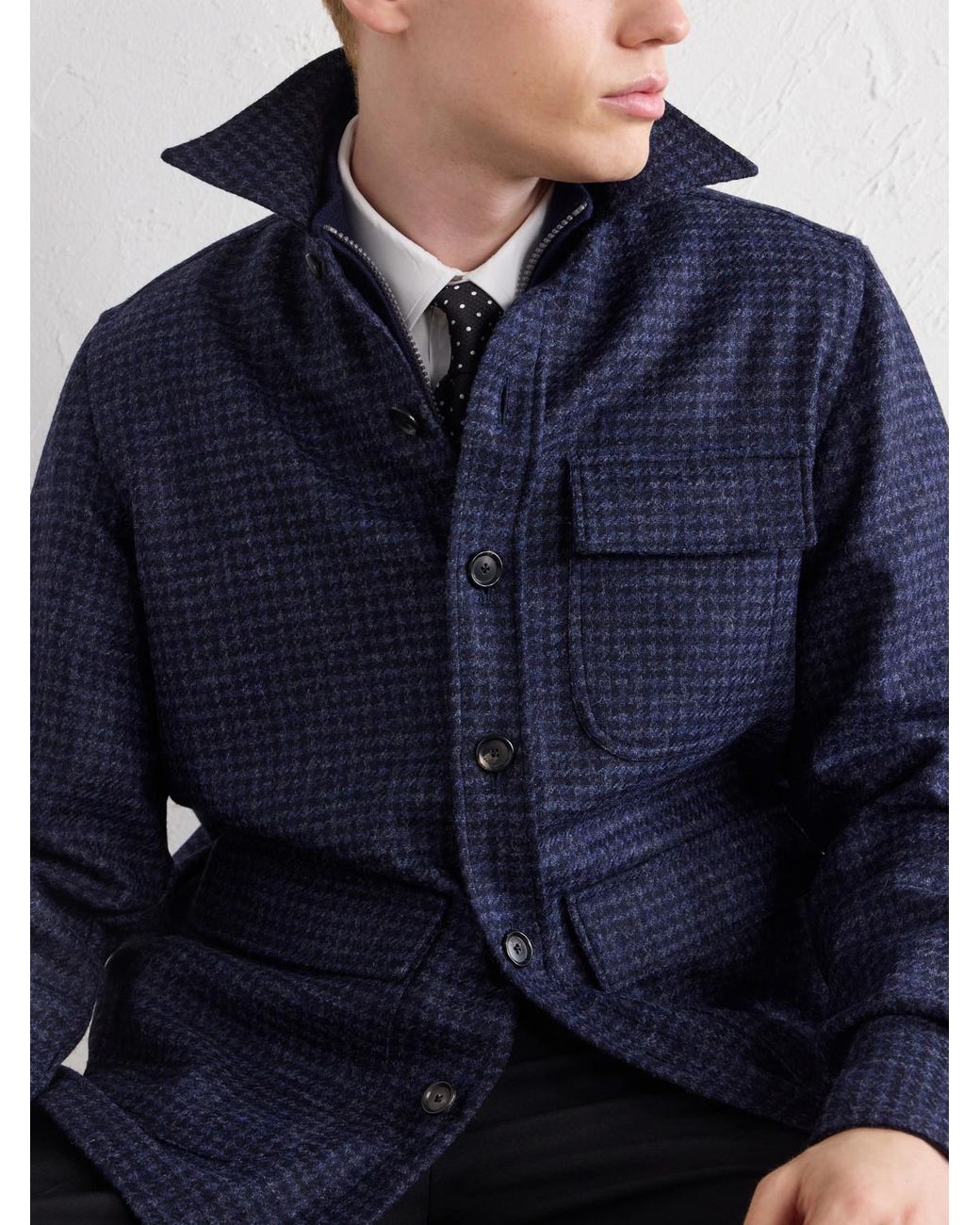 De Petrillo Blue Houndstooth Virgin Wool Overshirt for men