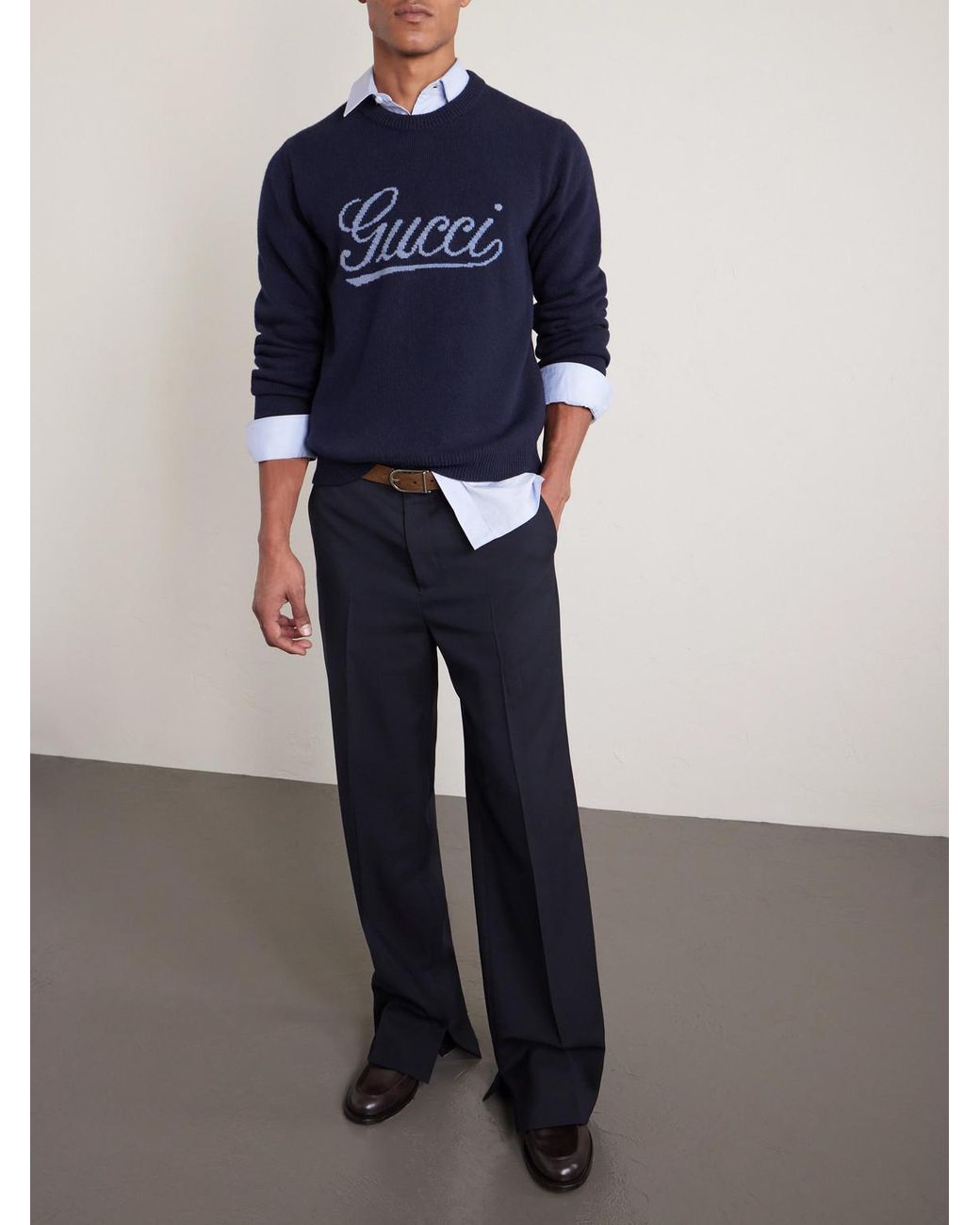 Gucci Blue Logo-Intarsia Wool Sweater for men