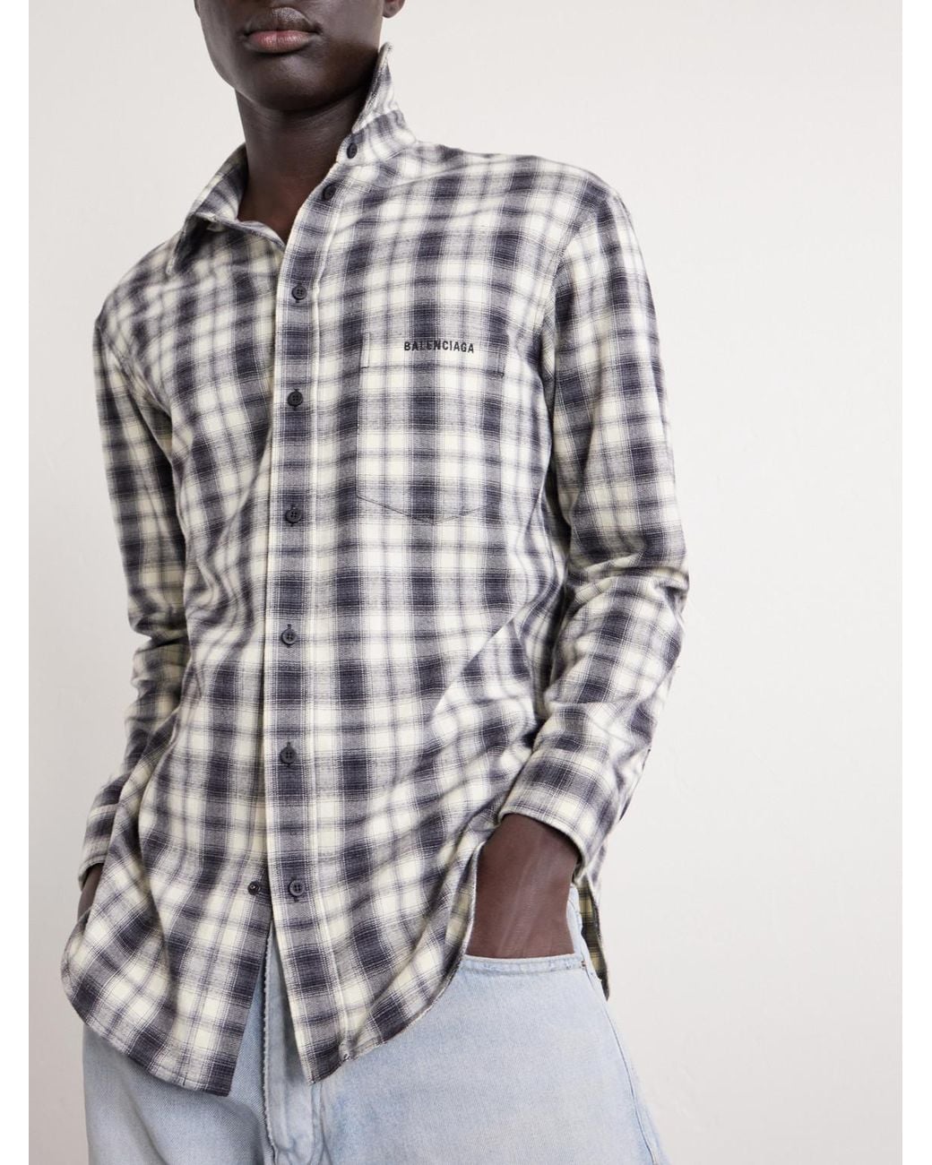 Balenciaga White Regular Fit Checked Cotton Shirt for men