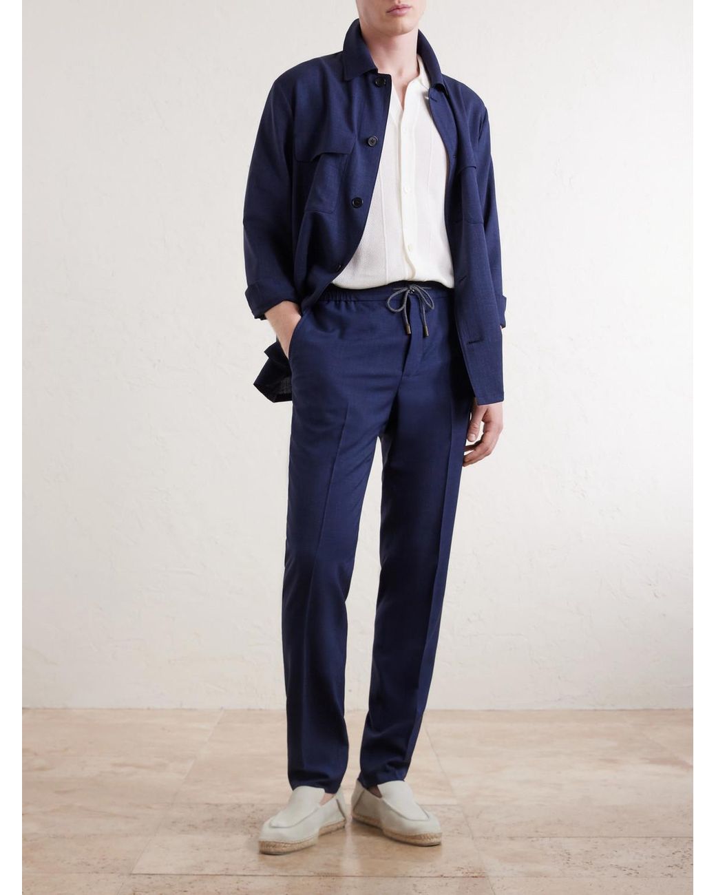 Slowear Blue Tapered Pleated Virgin Wool, Silk And Linen-Blend Drawstring Trousers for men