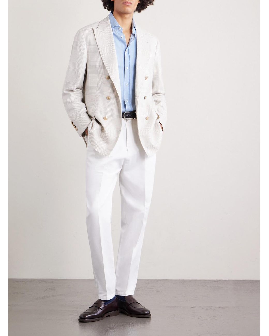 Brunello Cucinelli Natural Double-breasted Prince Of Wales Checked Wool-blend Blazer for men