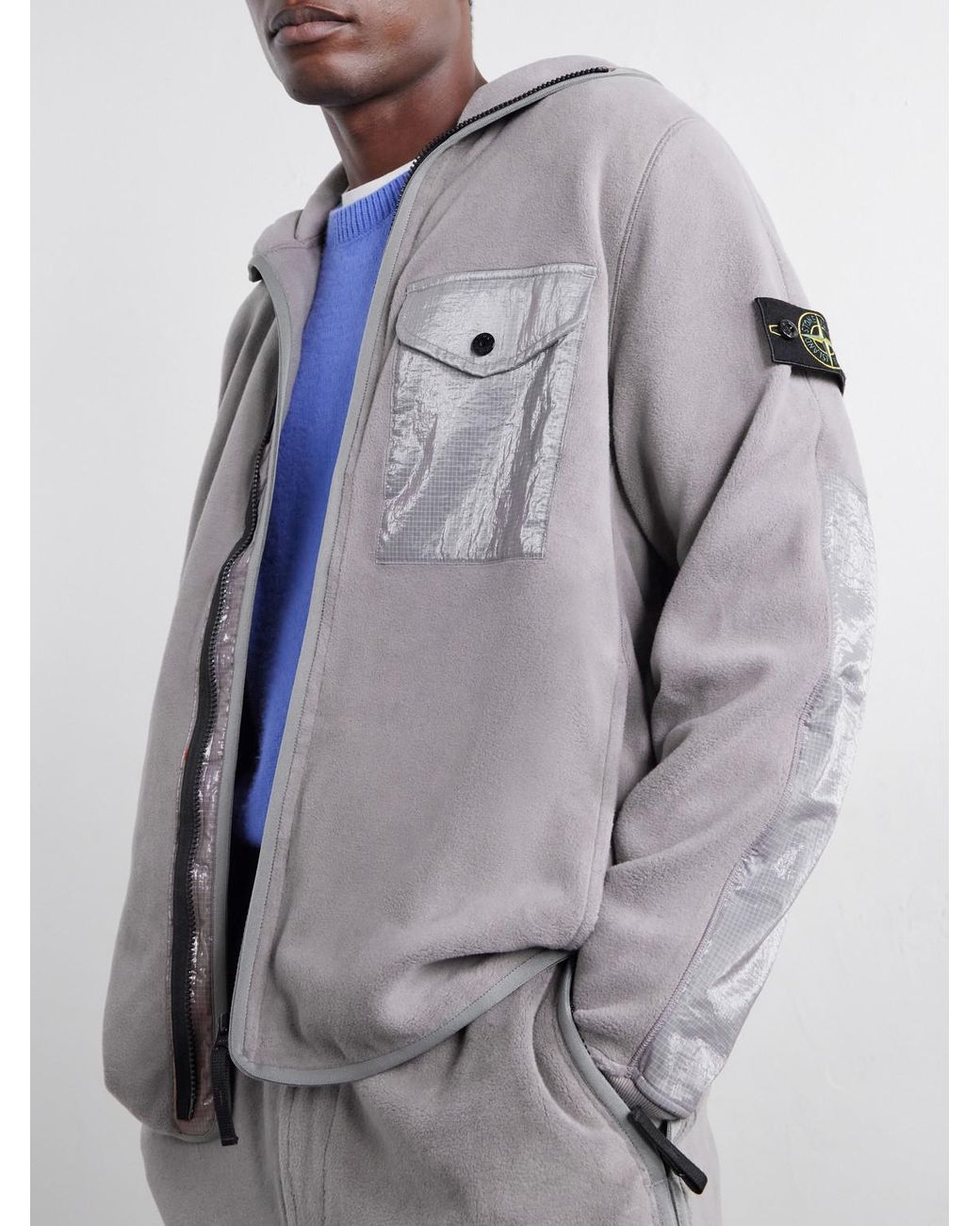 Stone Island Gray Heat-Reactive Ripstop-Trimmed Brushed Cotton-Blend Fleece Zip-Up Hoodie for men