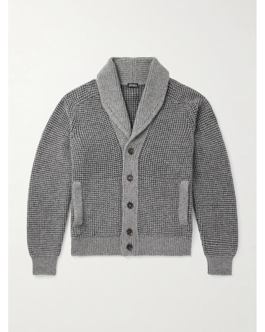 Zegna Gray Shawl-Collar Waffle-Knit Cashmere And Mohair-Blend Cardigan for men
