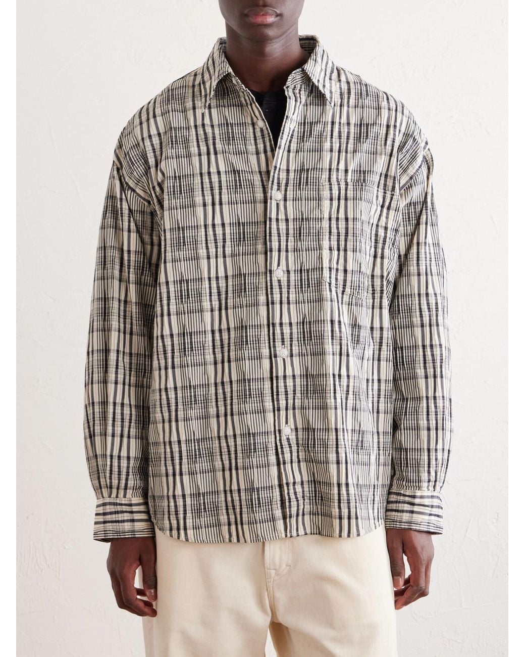 FRIZMWORKS Gray Striped Crinkled Cotton-blend Shirt for men