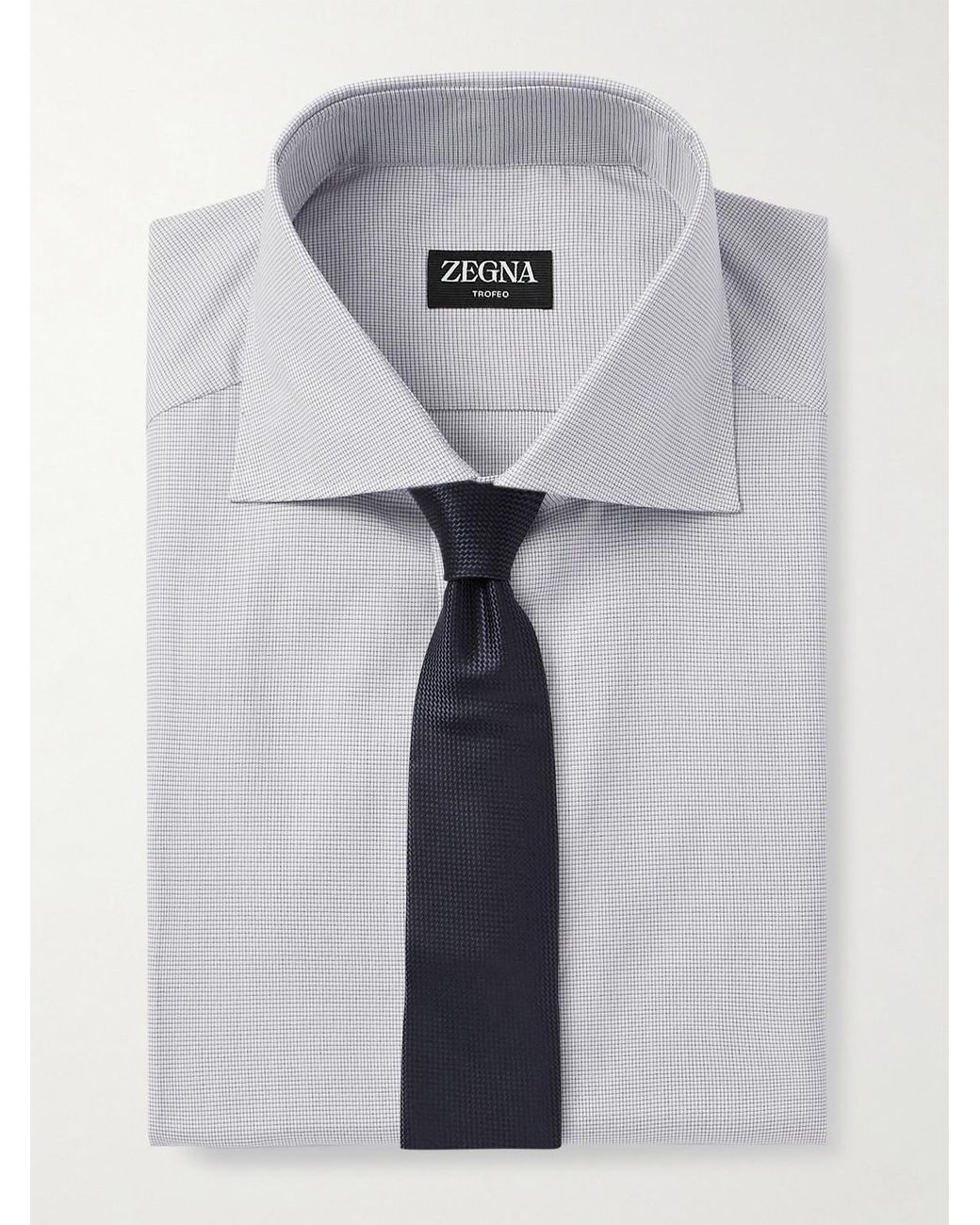 Zegna Gray Cutaway-Collar Micro-Checked Trofeo Cotton-Poplin Shirt for men