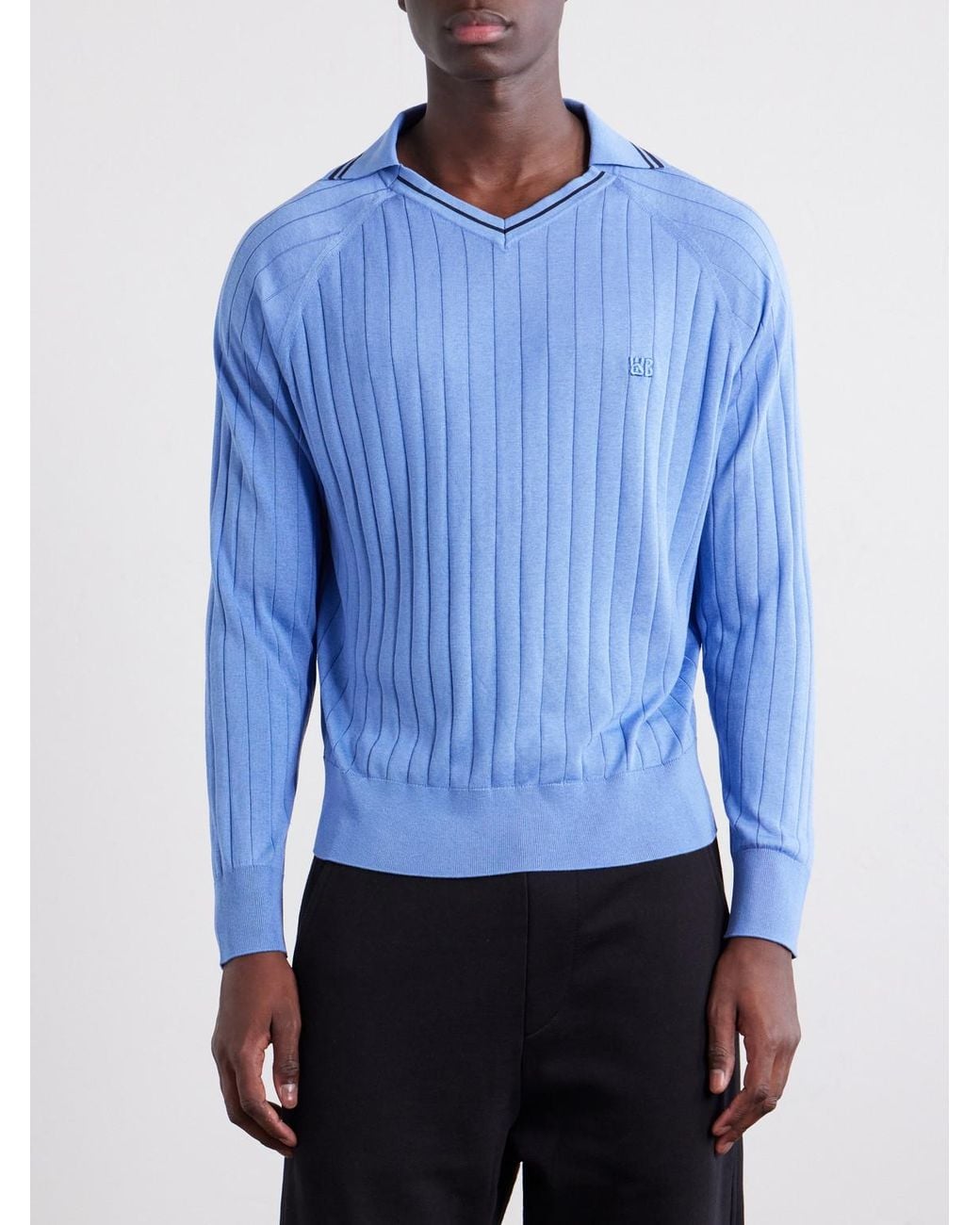 Wales Bonner Blue Roots Logo-Embroidered Knitted Polo Shirt for men