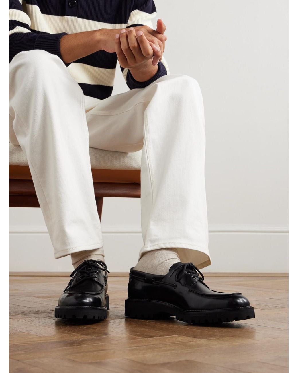 John Lobb Black Tide Glossed-Leather Boat Shoes for men