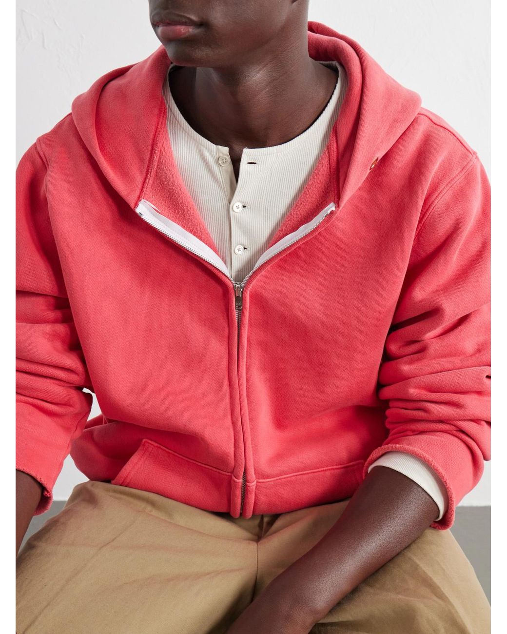 Les Tien Red Garment-Dyed Distressed Cotton-Jersey Zip-Up Hoodie for men