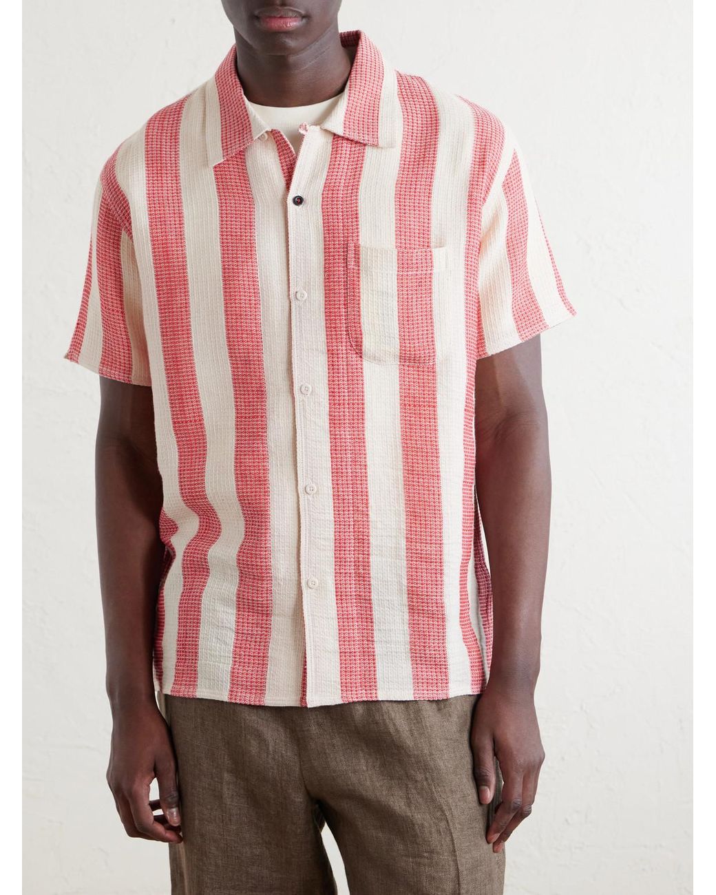 Kardo Pink Camp-Collar Striped Cotton Shirt for men