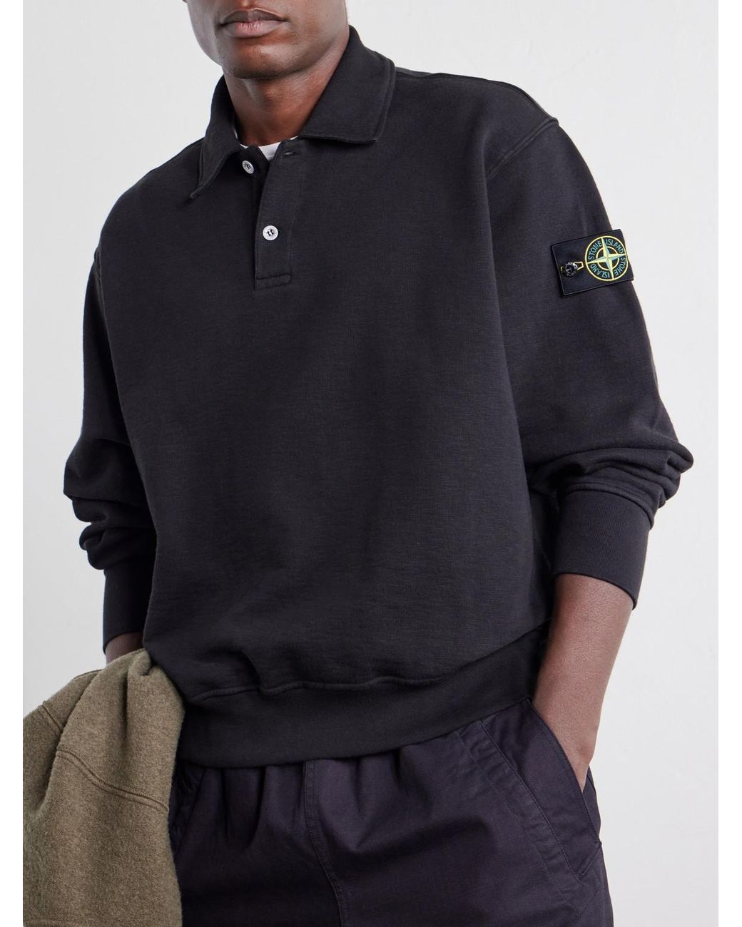 Stone Island Blue Garment-Dyed Tubular Cotton-Fleece Polo Sweater for men