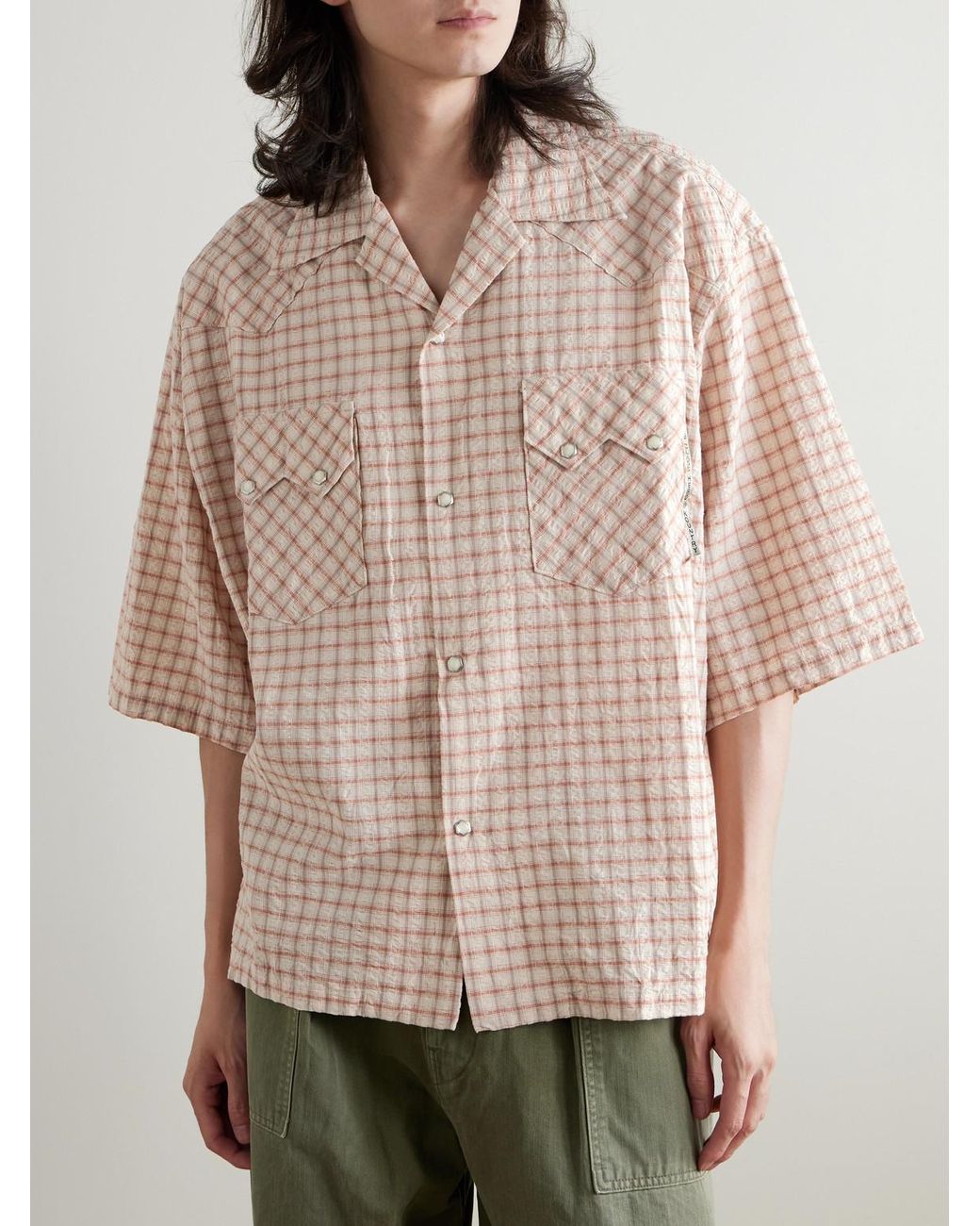 Kapital Pink Camp-collar Logo-appliquéd Checked Cotton And Linen-blend Seersucker Western Shirt for men