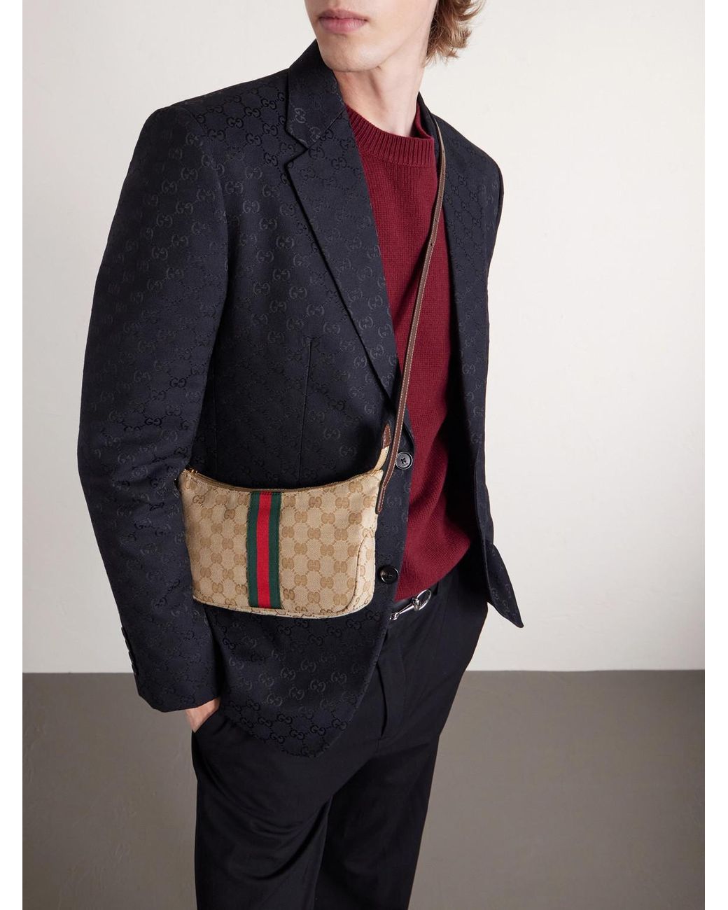 Gucci Natural Lunetta Leather-Trimmed Canvas-Jacquard Shoulder Bag for men