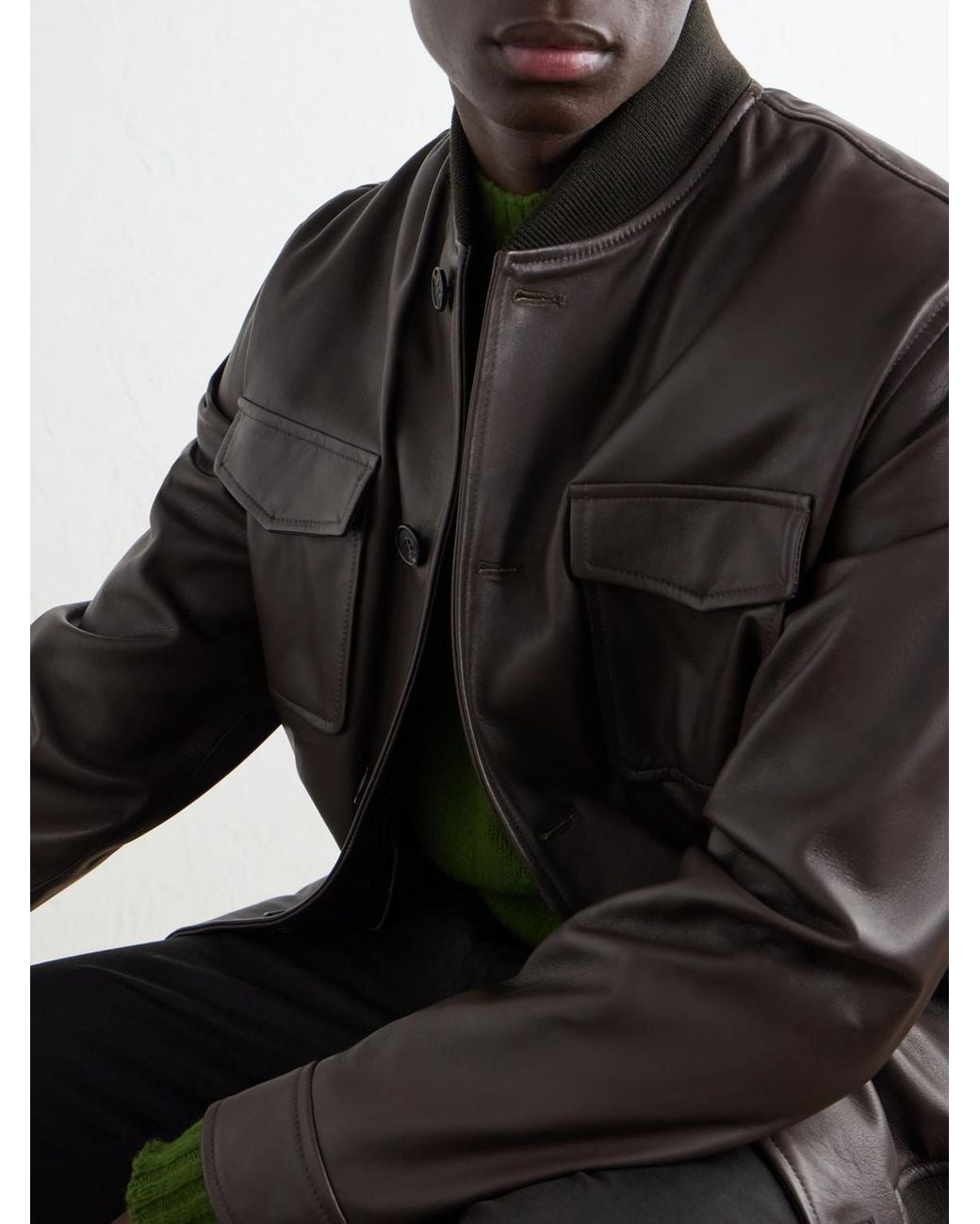 Slowear Black Montedoro Leather Bomber Jacket for men