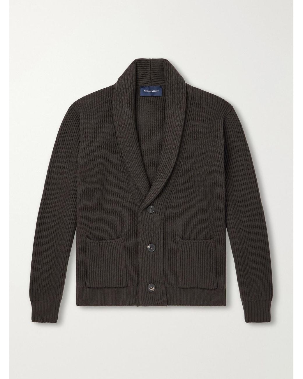 Thom Sweeney Black Shawl-Collar Ribbed Merino Wool Cardigan for men