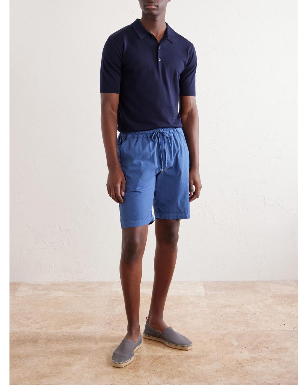 Fedeli Blue Alfa Straight-Leg Cotton-Blend Drawstring Shorts for men
