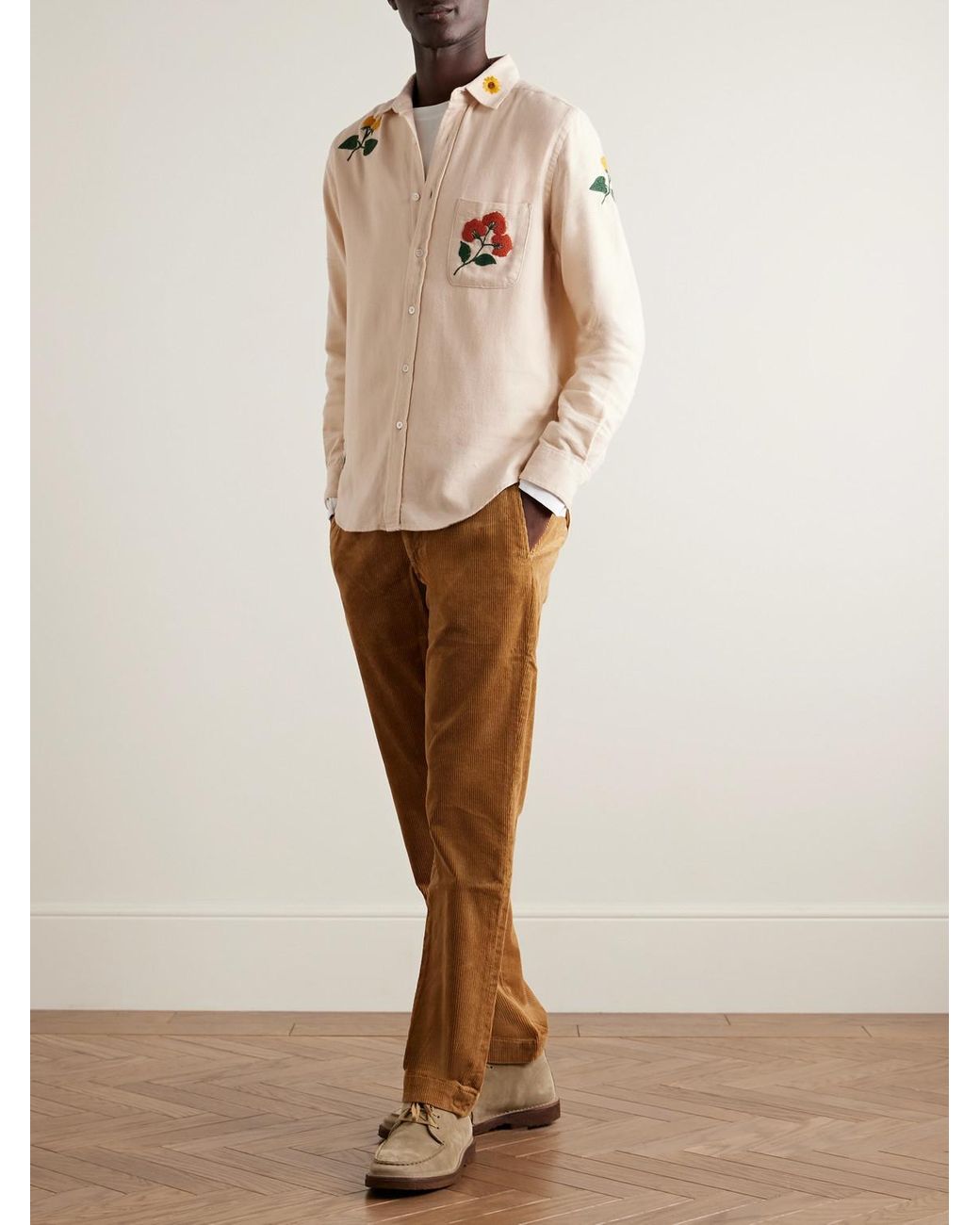 Portuguese Flannel Natural Embroidered Organic Cotton-flannel Shirt for men