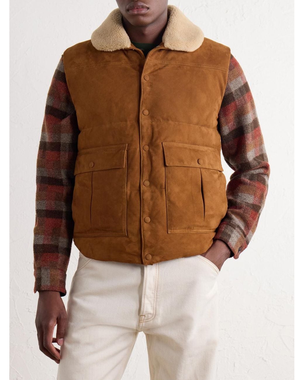 Valstar Brown Shearling-Trimmed Suede Down Gilet for men