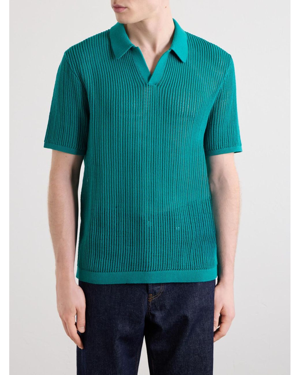 Aimé Leon Dore Blue Open-Collar Open-Knit Cotton Polo Shirt for men