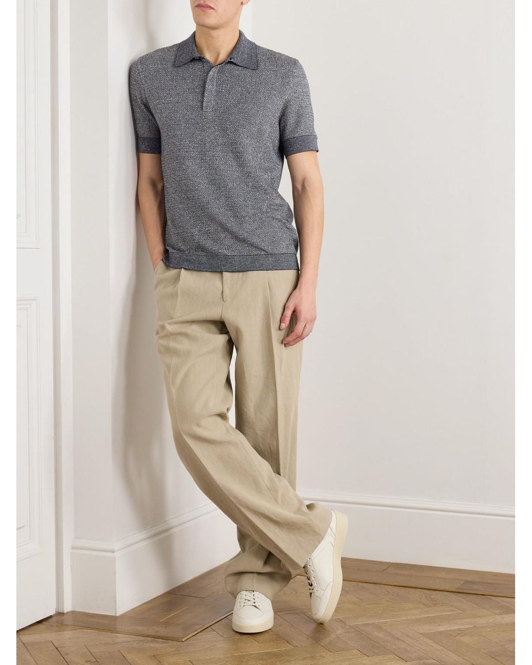 Zegna Blue Cotton, Linen And Silk-Blend Polo Shirt for men