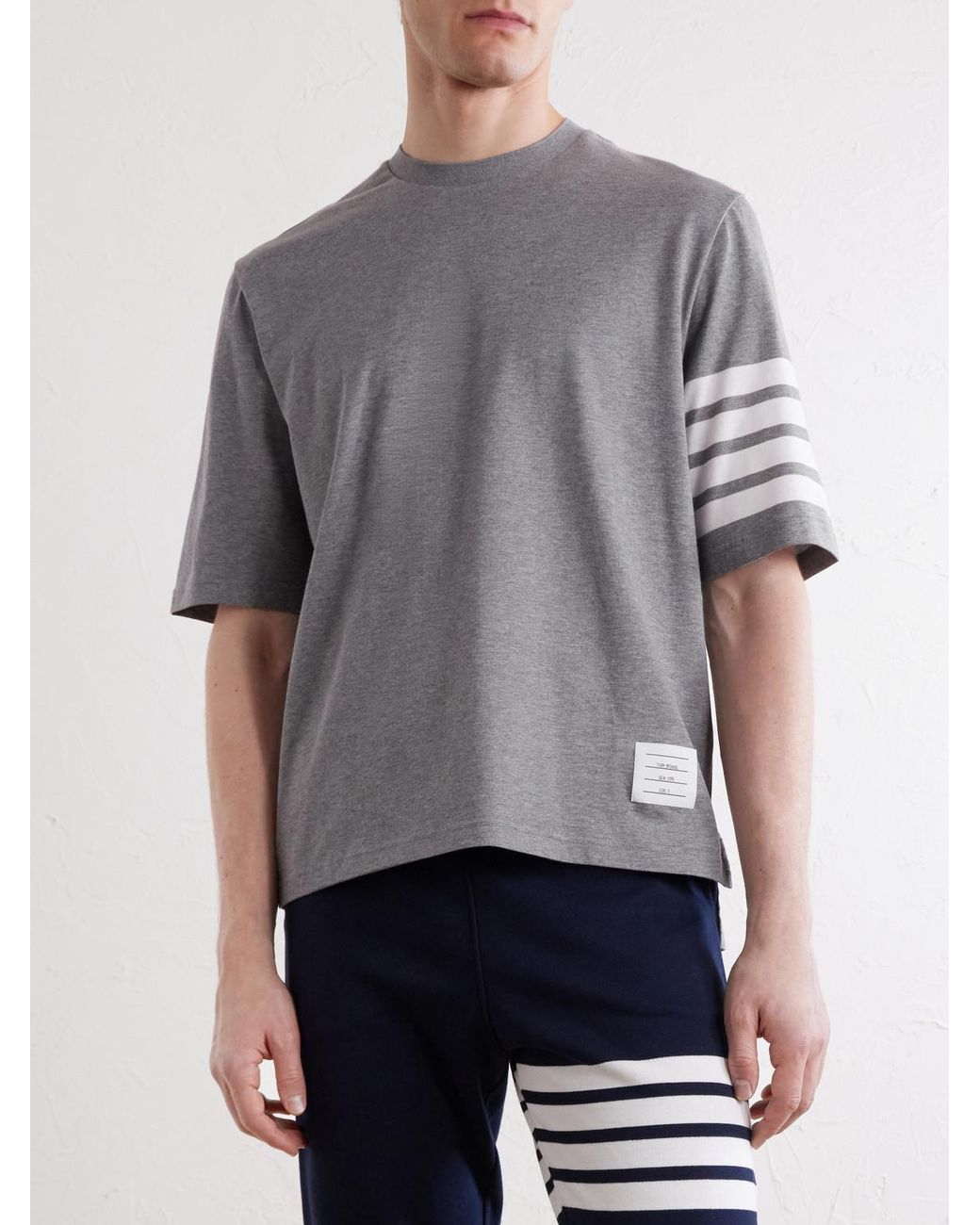 Thom Browne Gray Logo-Appliquéd Striped Cotton-Jersey T-Shirt for men