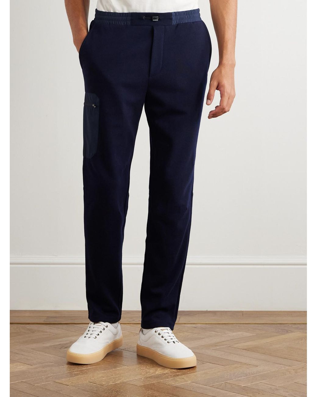 Sease Blue Straight-Leg Shell-Trimmed Wool-Blend Drawstring Trousers for men