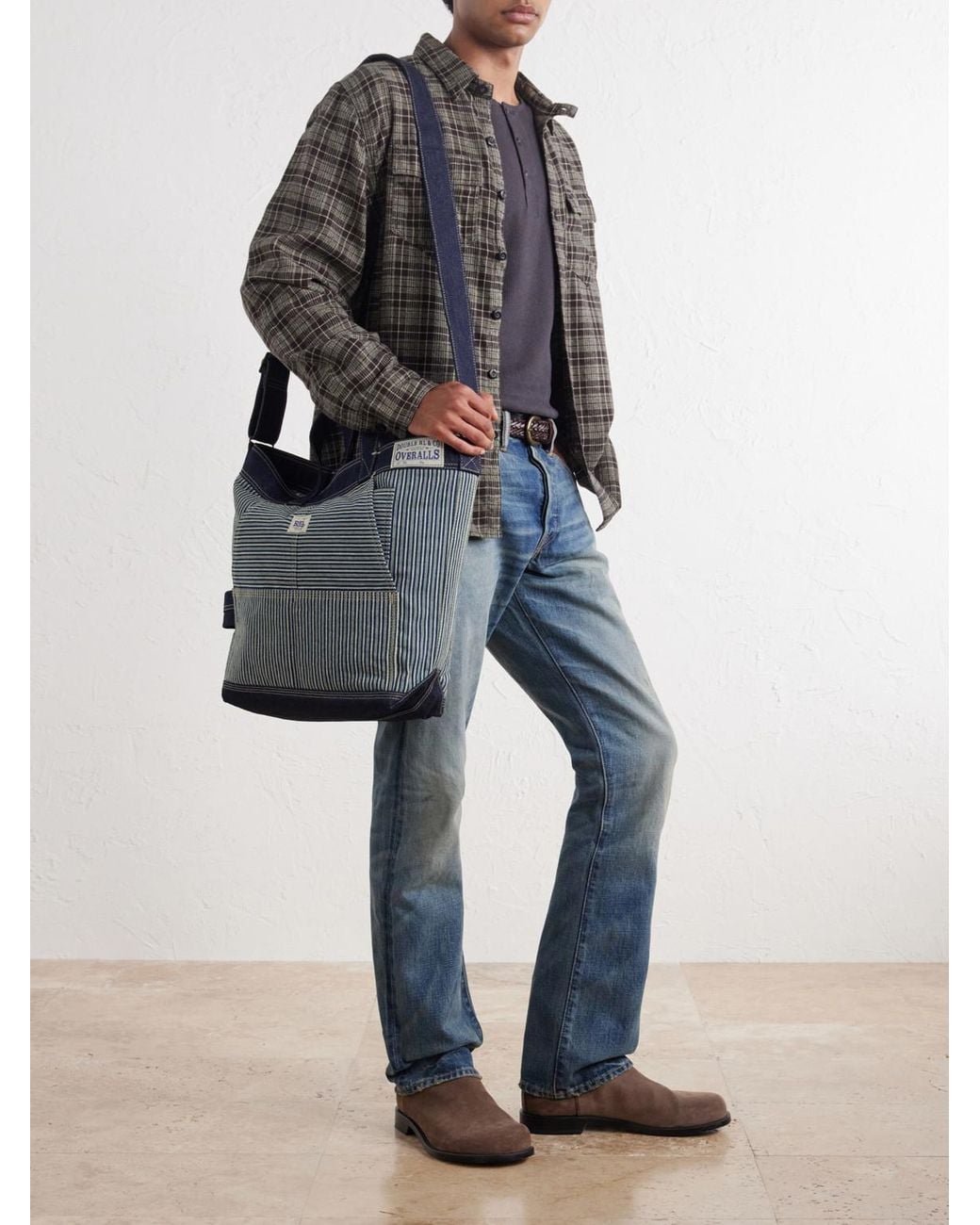 RRL Blue Striped Denim-Trimmed Cotton-Twill Tote Bag for men