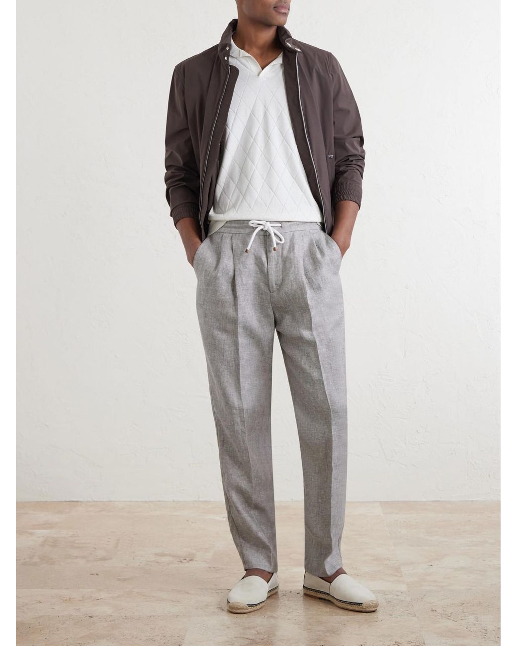 Brunello Cucinelli White Open-Collar Knitted Cotton Polo Shirt for men