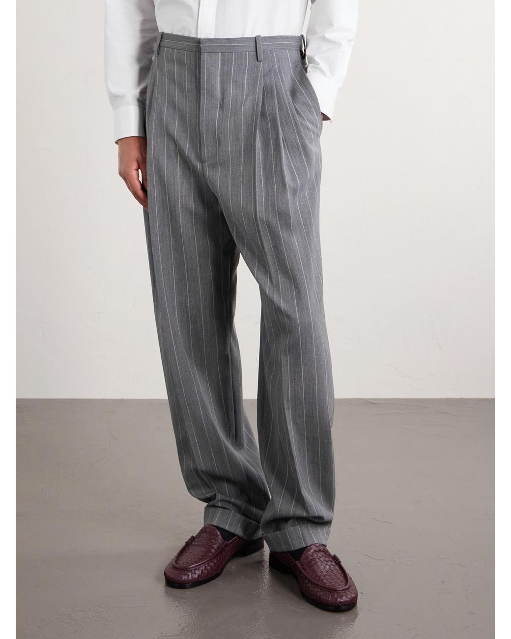 Bottega Veneta Gray Tapered-leg Pinstriped Wool Trousers for men