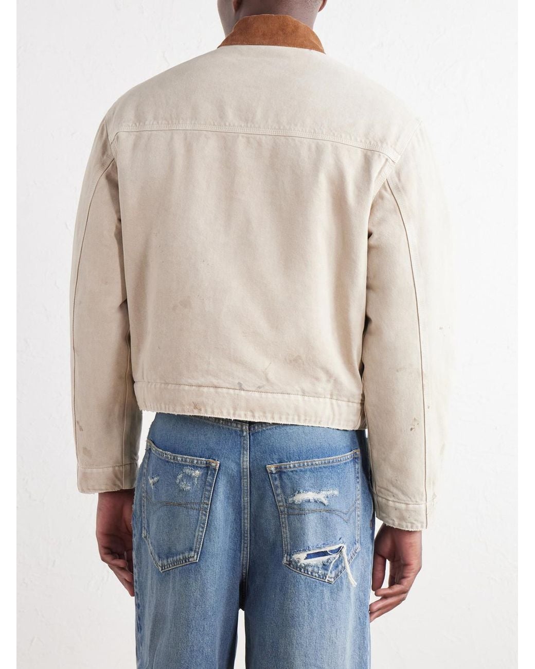 Balenciaga Natural Logo-Embroidered Corduroy-Trimmed Paint-Splattered Denim Jacket for men