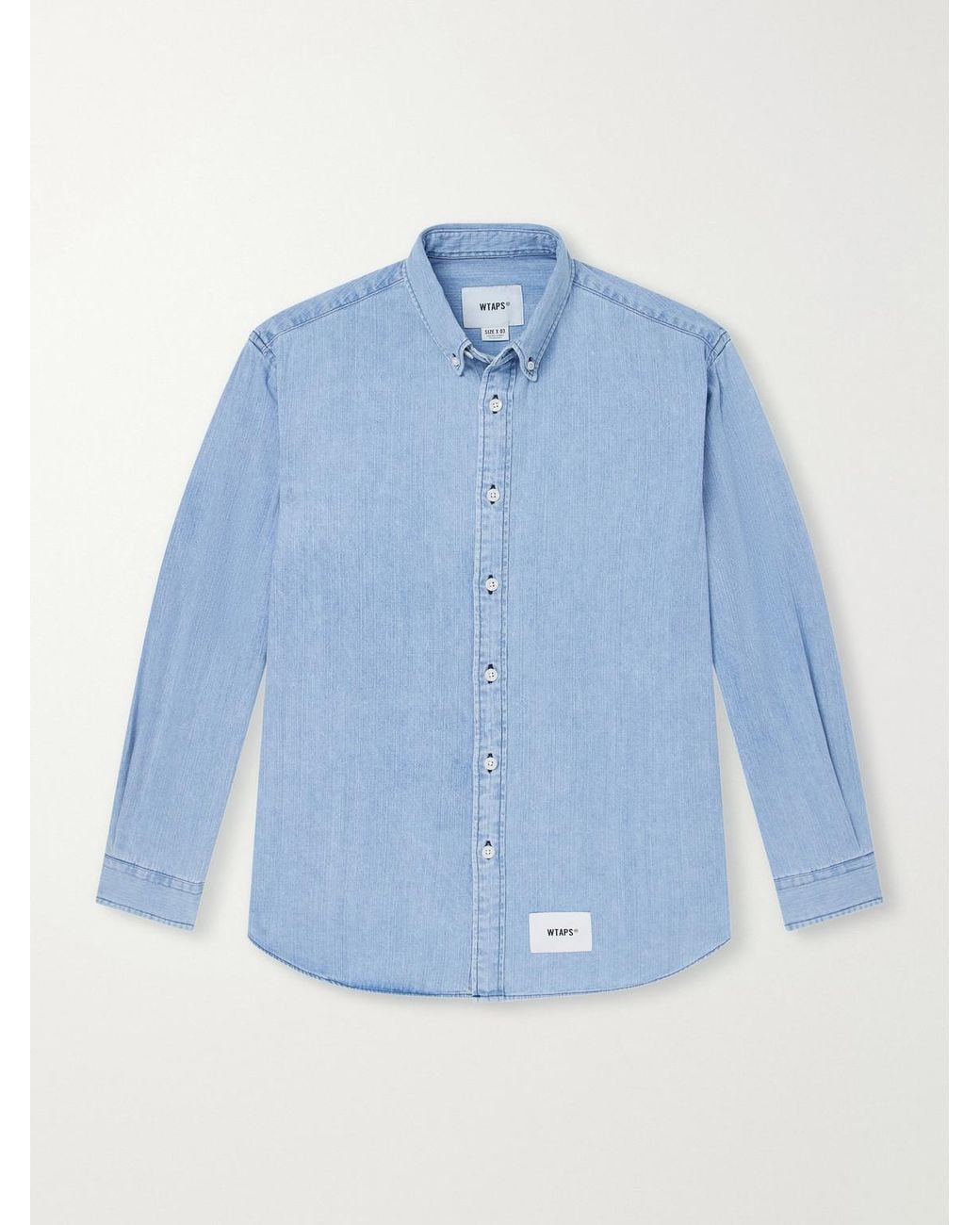 (w)taps Blue Bd 01 Logo-Appliquéd Stone-Bleach Denim Shirt for men