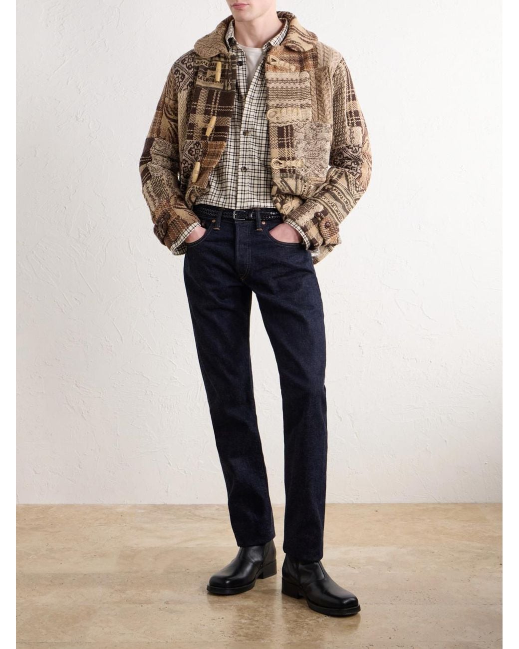 RRL Brown Shawl-Collar Patchwork Wool-Blend Cardigan for men