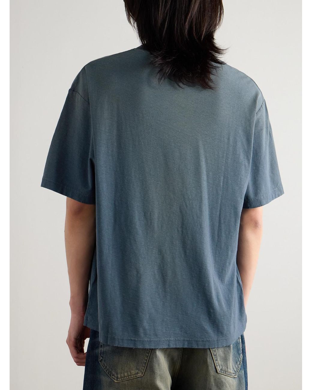 Acne Blue Exford Distressed Logo-Print Cotton And Hemp-Blend Jersey T-Shirt for men