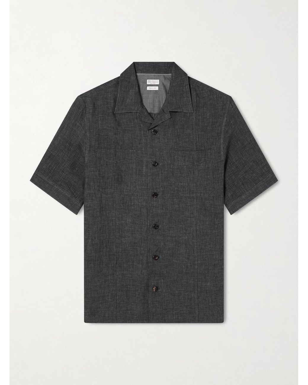 Brunello Cucinelli Black Camp-collar Linen Shirt for men