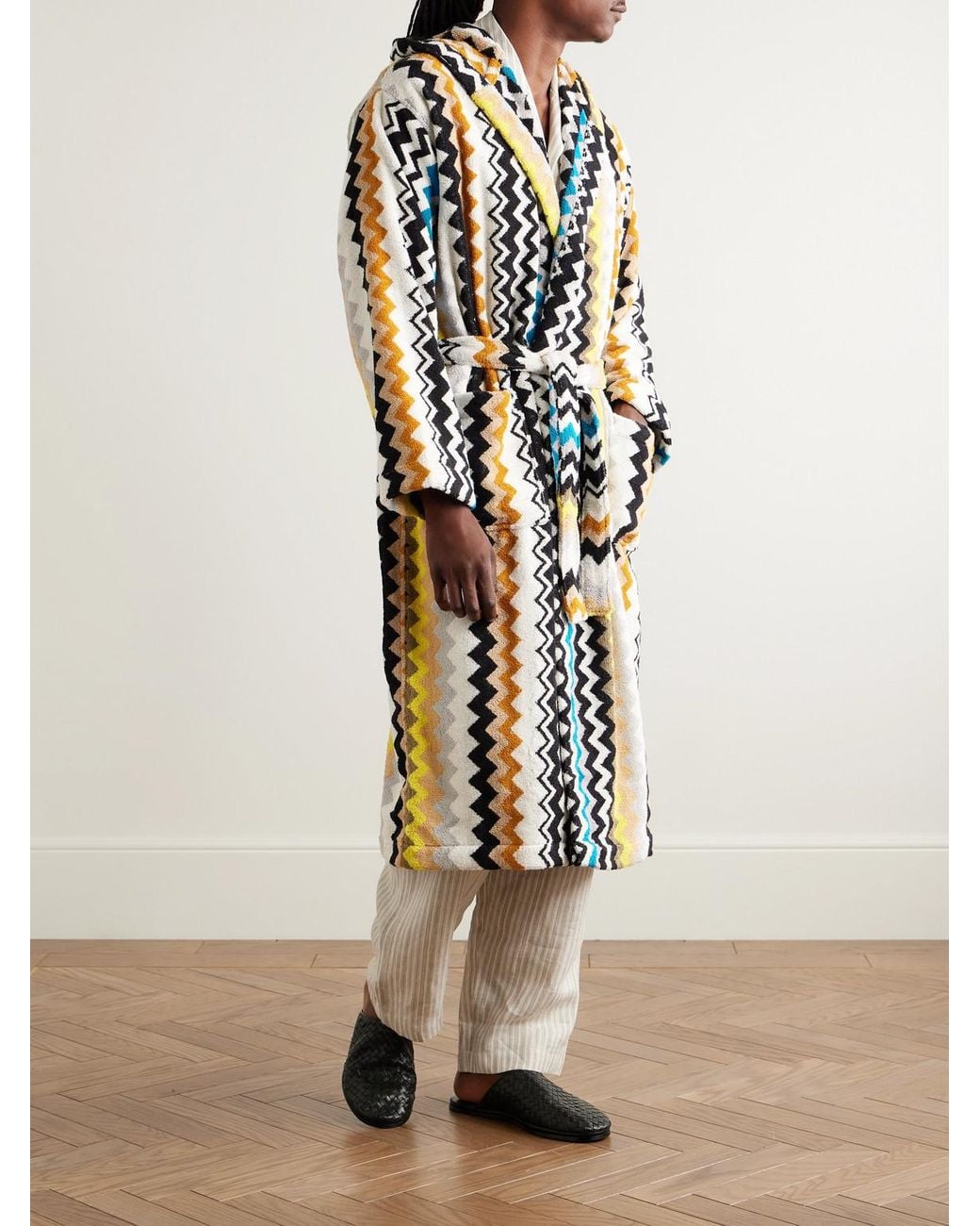 Missoni Blue Curt Striped Cotton-Terry Jacquard Hooded Robe for men