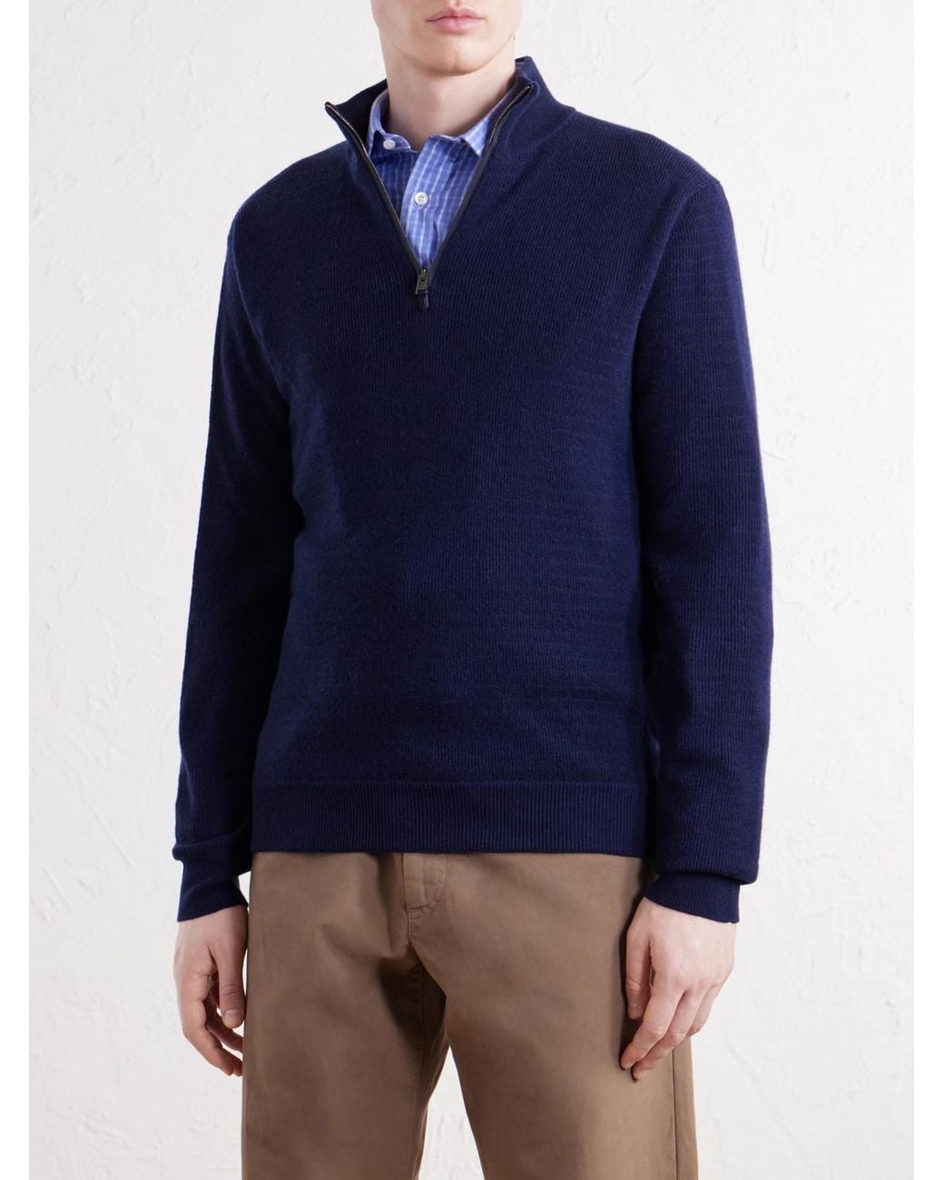 Canali Blue Ribbed Wool And Cashmere-Blend Half-Zip Sweater for men