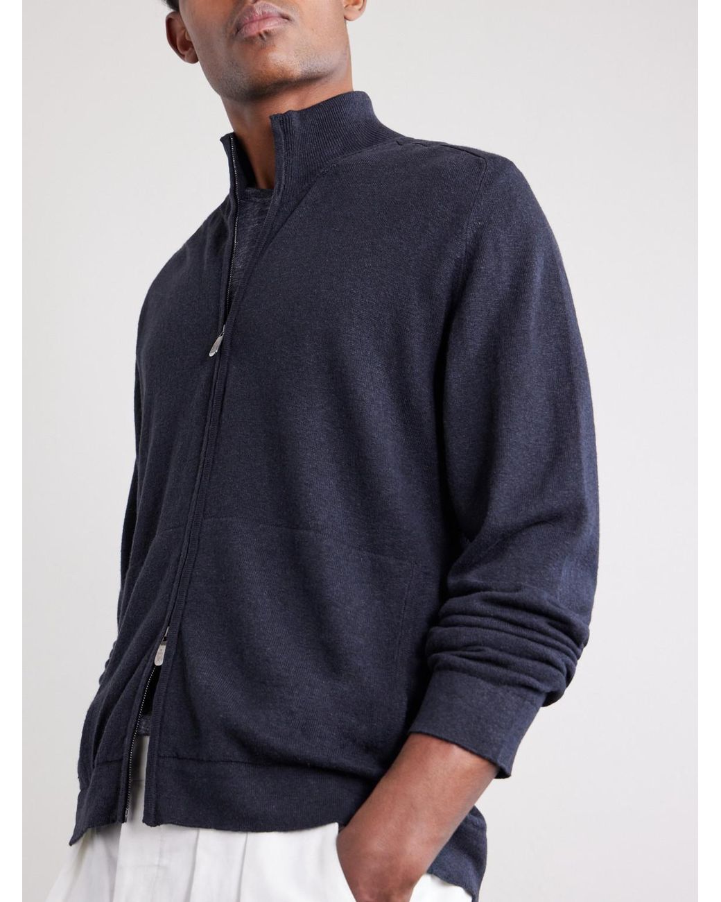 Piacenza 1733 Blue Cashmere And Linen-Blend Zip-Up Sweater for men